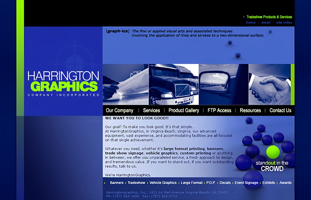 Home page design for Harrington Graphics, a Virginia Beach printing company, with blue layout and large format print images