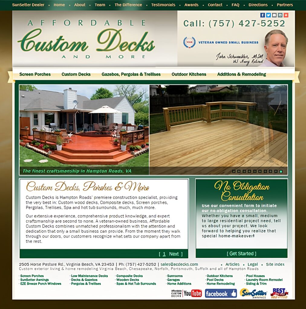 Home page design for Affordable Custom Decks and More showing wood decks, a screened porch and a phone number header