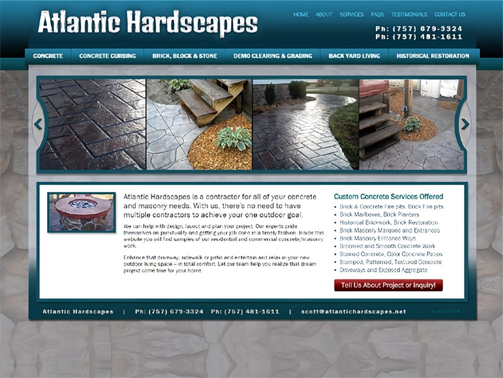 Atlantic Hardscapes website design with stamped concrete patio photos, service menu and a list of custom concrete services