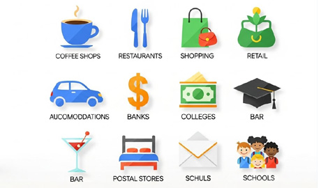 Google has developed tiny icons to represent various types of businesses.