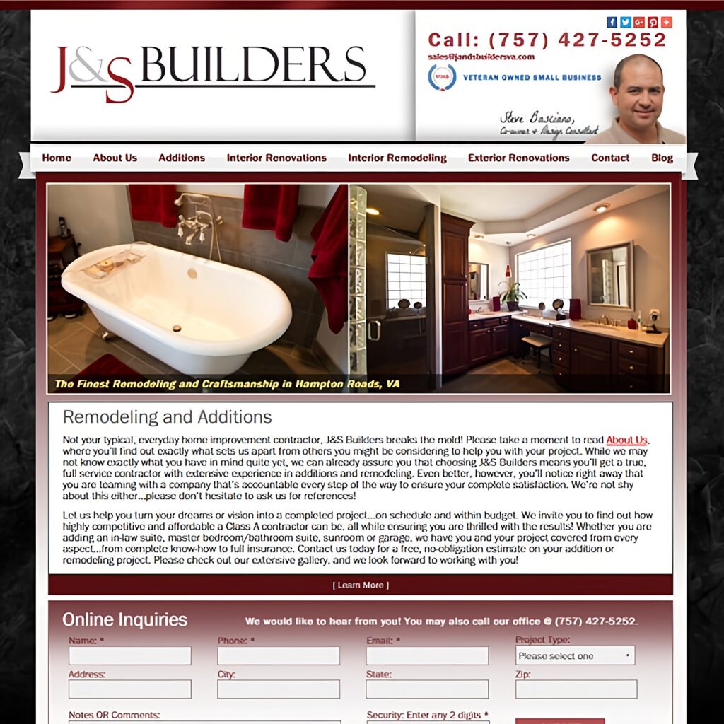 Home page design for J&S Builders, a remodeling contractor, with a bathroom photo, contact form and phone number