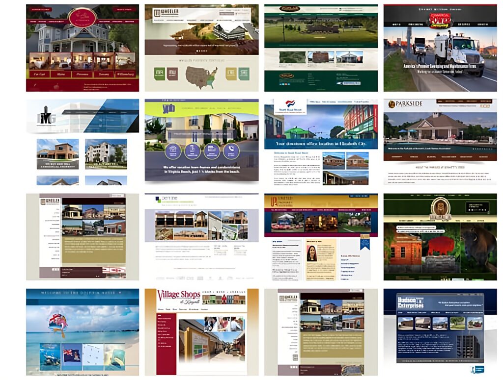 Collage of sixteen website designs for property, real estate, hospitality and community organizations