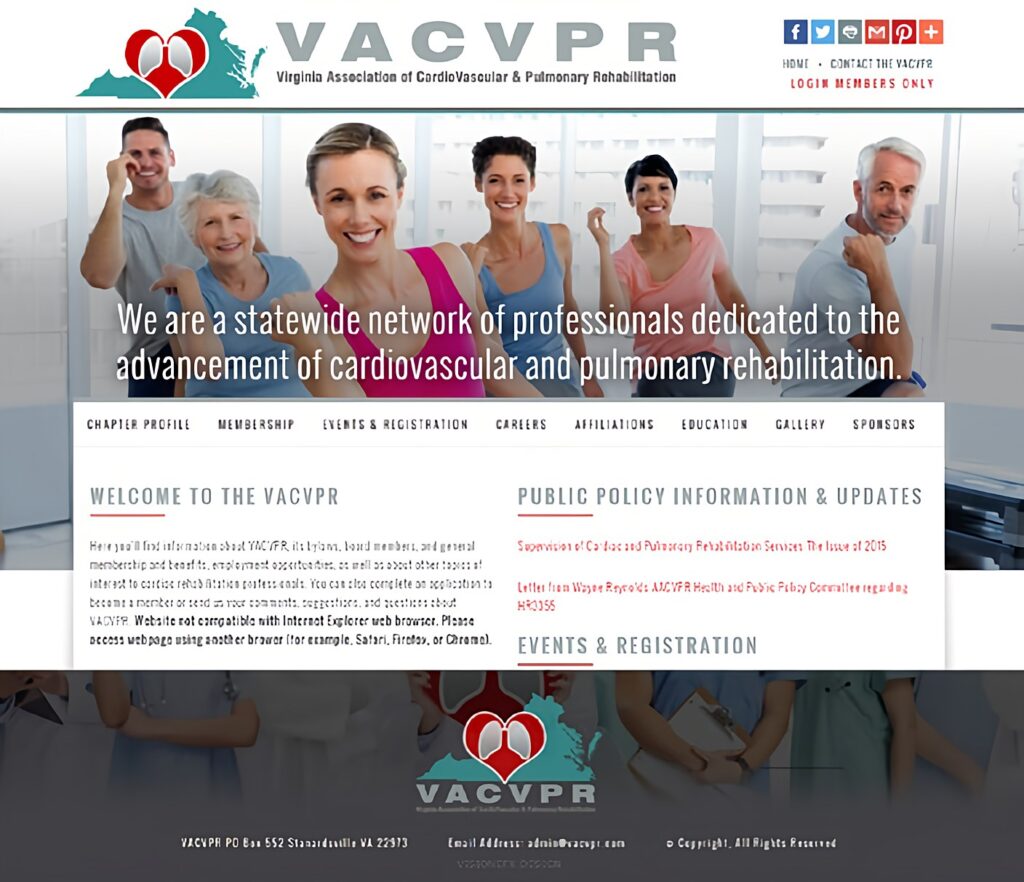 Home page design for VACVPR, a Virginia cardiovascular and pulmonary rehabilitation association, with a smiling exercise group