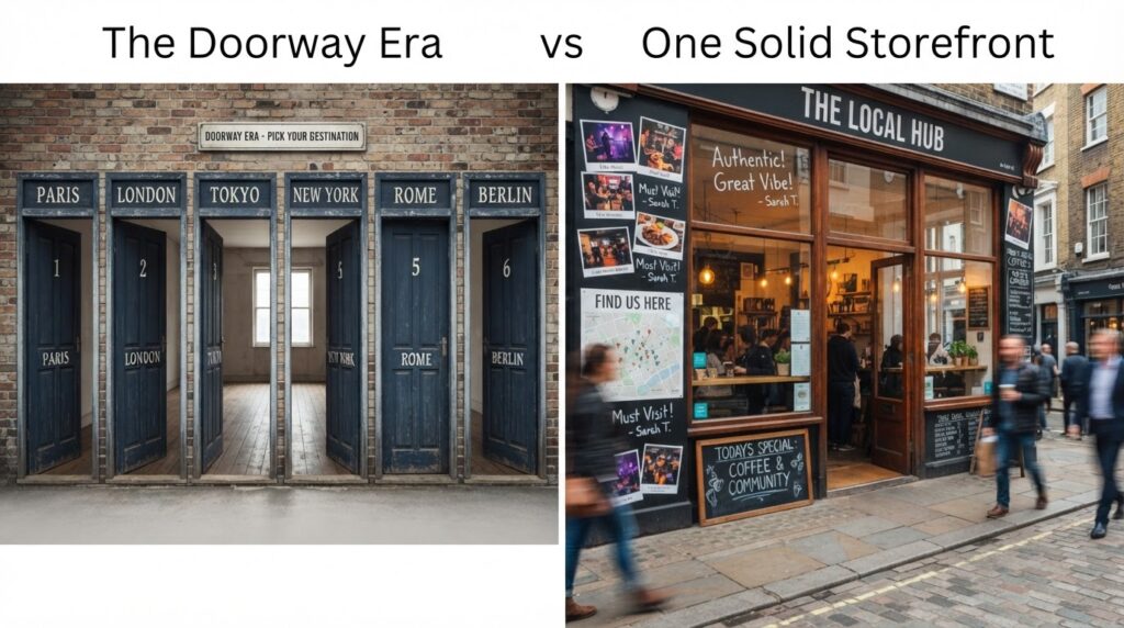 Identical doors labeled with different city names, all opening into the same empty room the doorway era