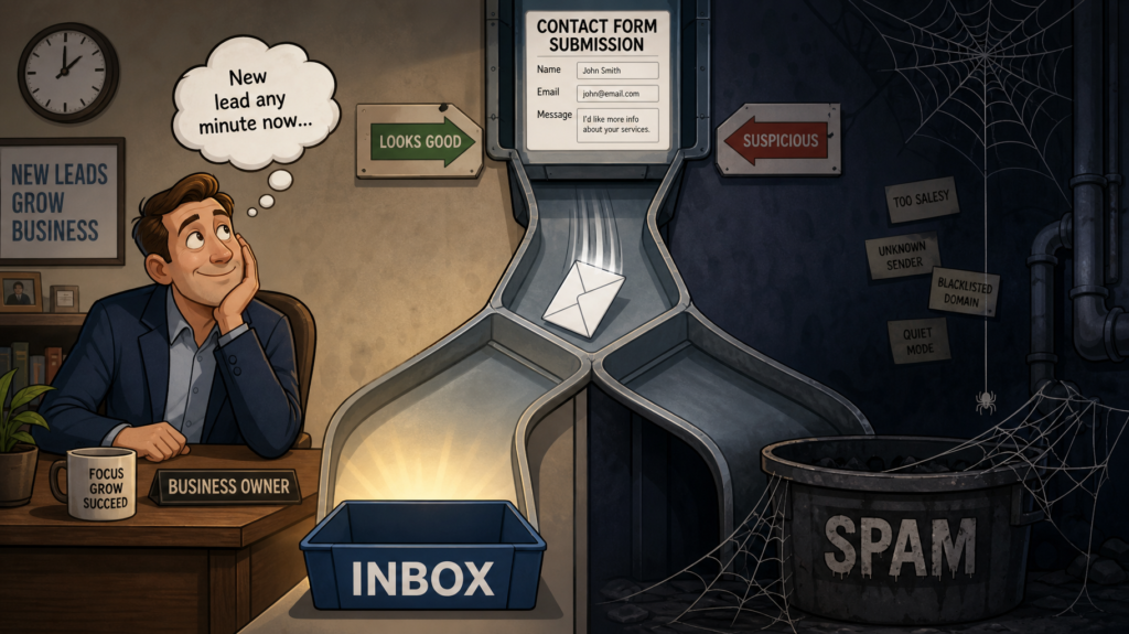 Contact form submission traveling as an envelope down a mail chute that forks inbox on one side, a shadowy spam bin labeled with a cobweb on the other