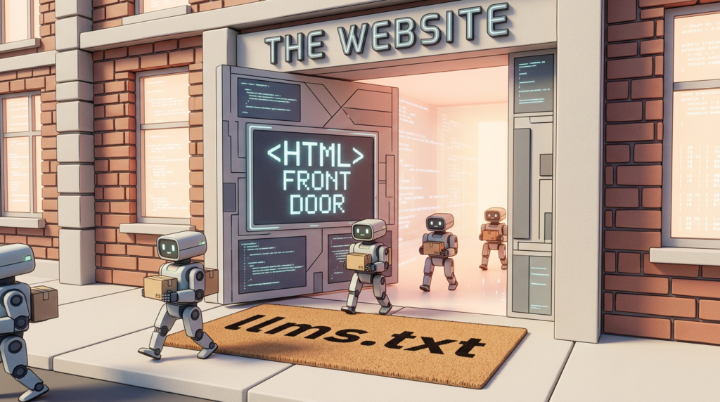 Welcome mat printed with llms txt at the door of a website, with AI robot couriers walking straight past it into the house through the HTML front door