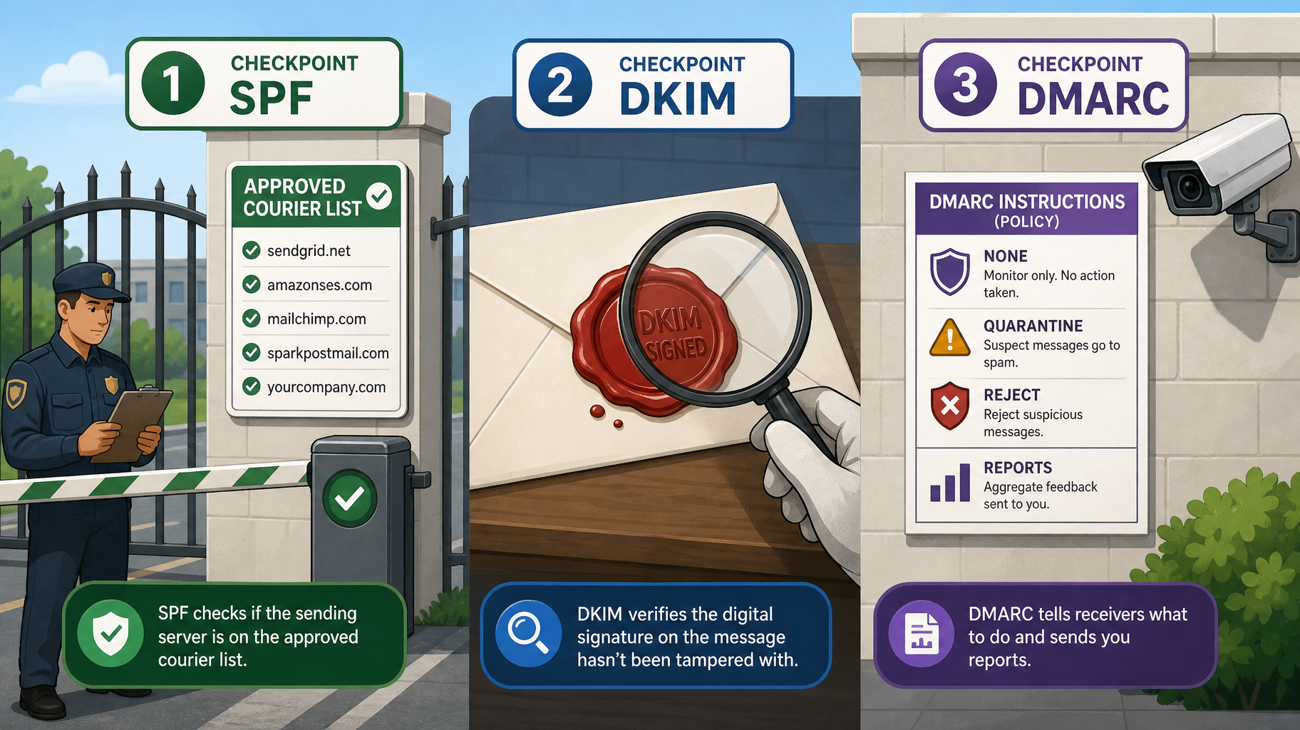 SPF as an approved-courier list at a gate DKIM as a wax seal being inspected DMARC as posted instructions
