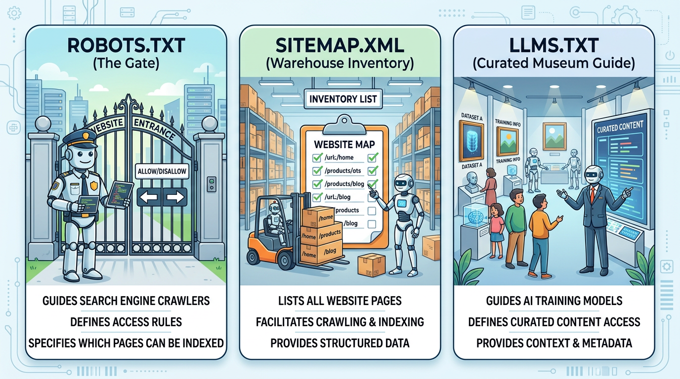 Graphic of robots txt sitemap.xml a warehouse inventory and llms txt