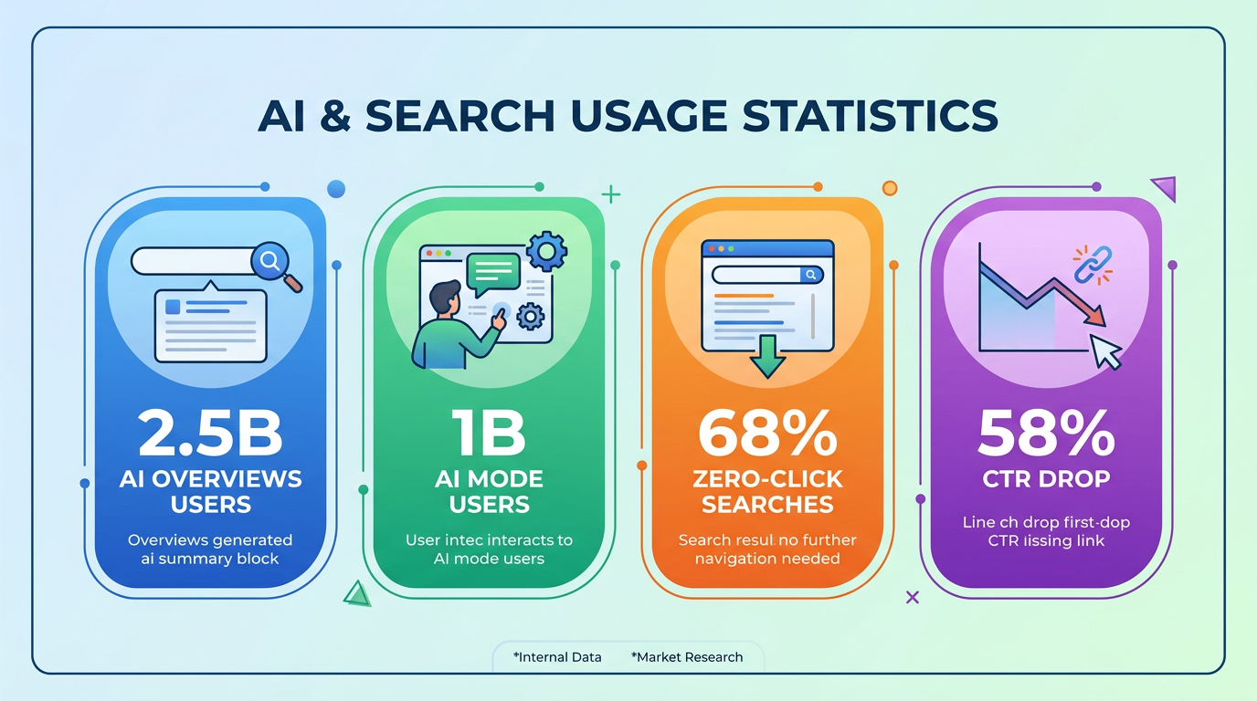 2.5B AI Overviews users, 1B AI Mode users, 68% zero-click searches, 58% CTR drop