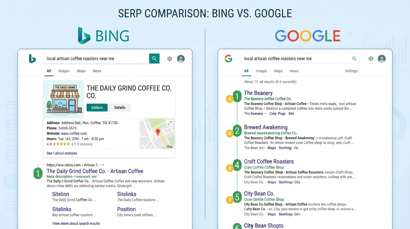 Split-screen SERP mockup the same business on page one of Bing and absent from Googles results