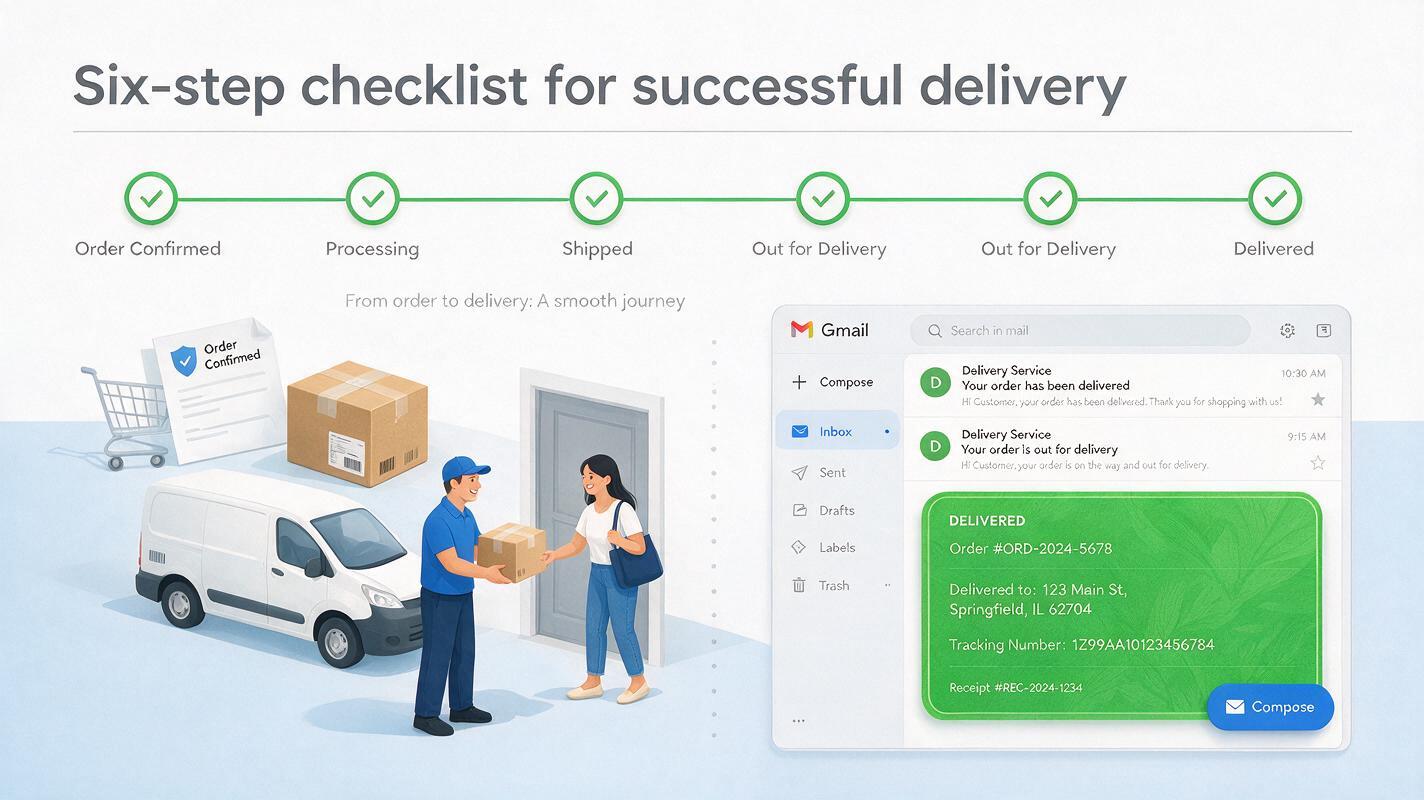 Six-step checklist visual ending with a green delivered receipt in a Gmail inbox