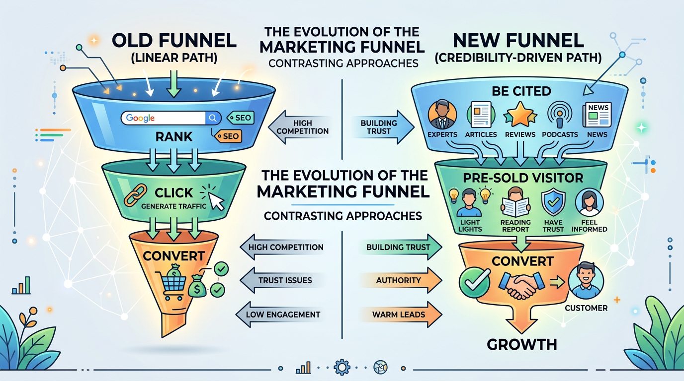 Diagram contrasting the old funnel rank click convert with the new one be cited pre-sold visitor convert