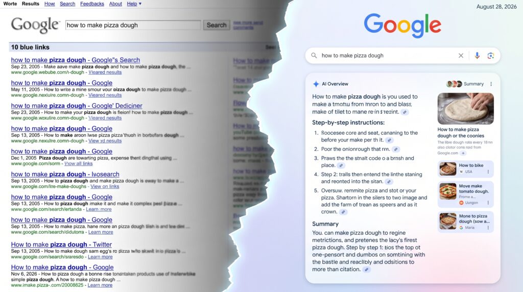 Split-screen concept — a faded, grayscale 2005-era Google results page