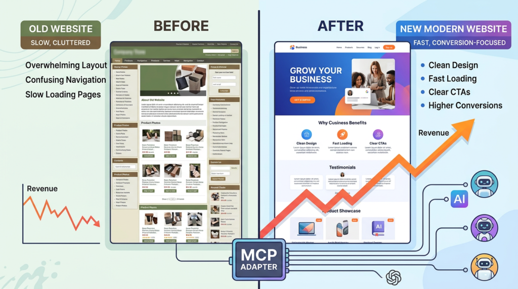 business website dated, cluttered layout on the left modern fast conversion-focused layout on the right2