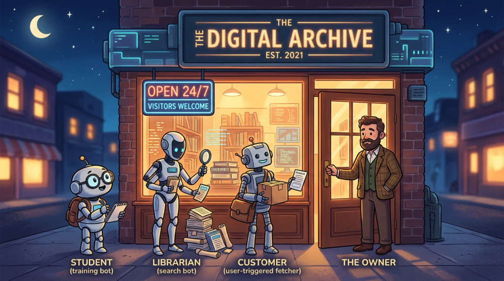 A website as a storefront at night with three different bots at the door