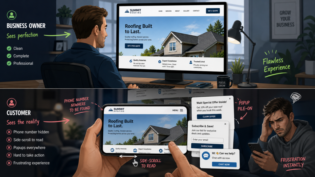 A business owner at a desktop seeing a flawless site while, mirrored below, a customer's phone shows the same site with a hidden phone number, side-scroll, and a popup pile-on
