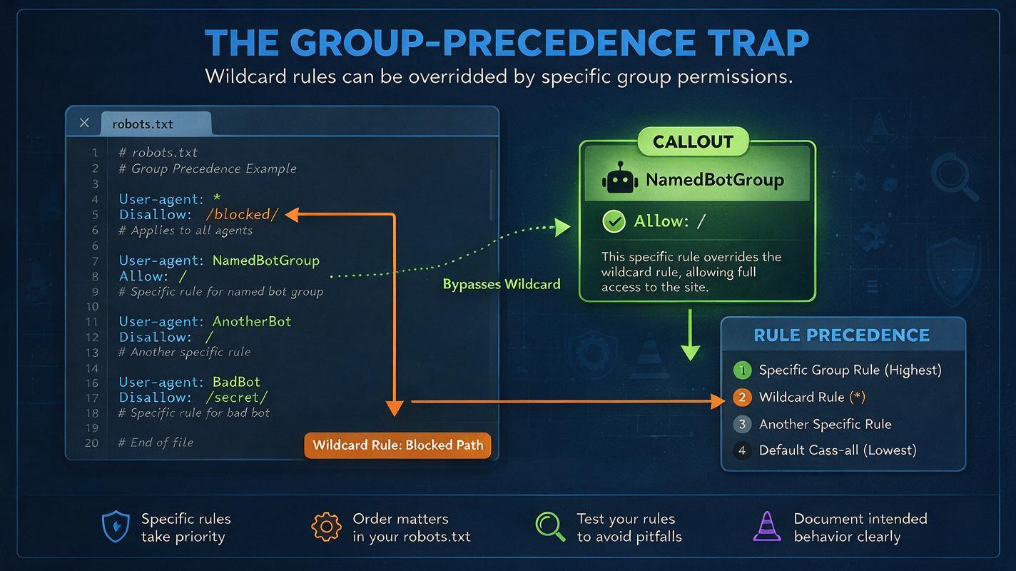 The group-precedence trap visual a robots.txt file with a callout showing a named bot group bypassing the wildcard rules