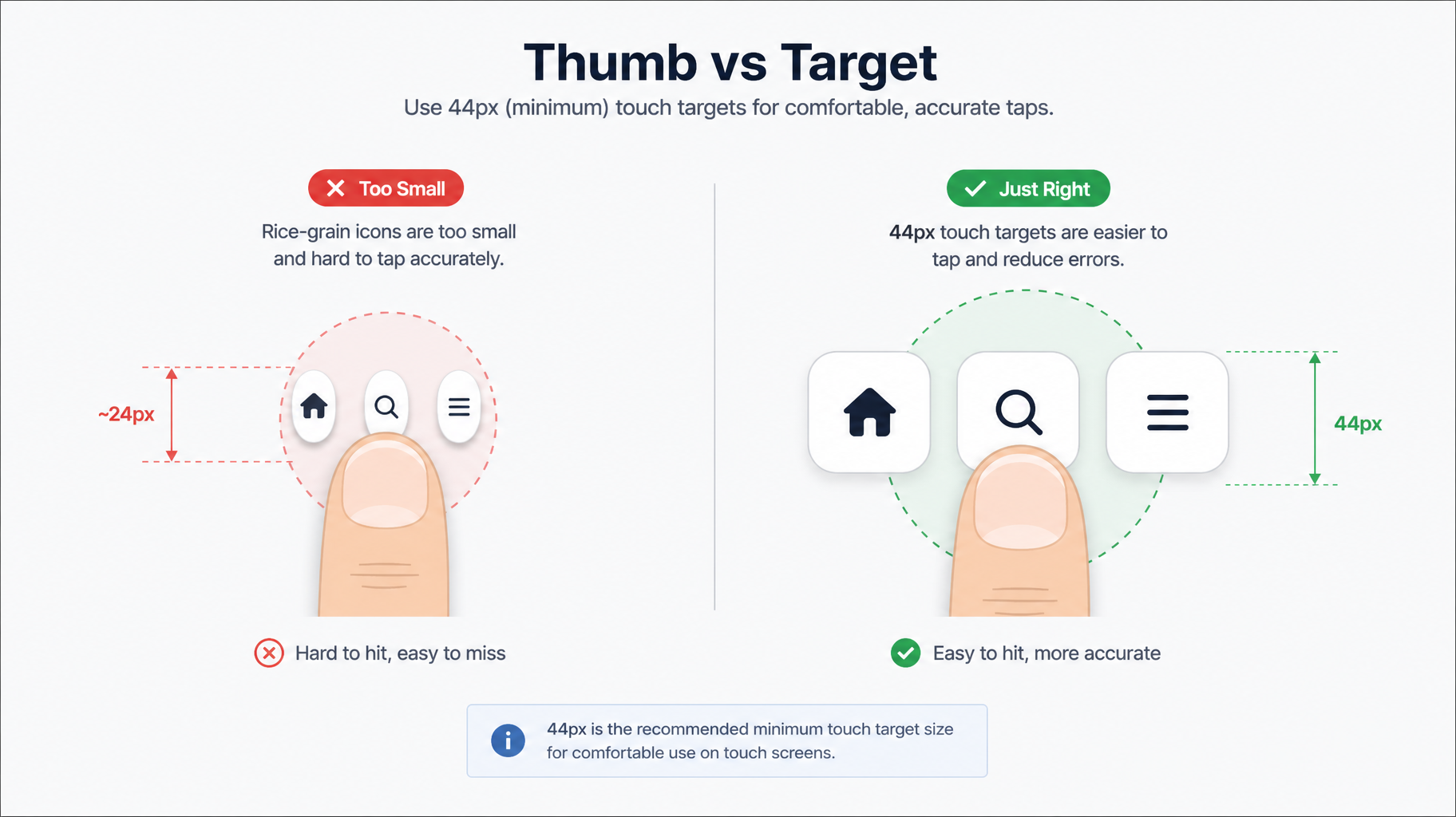 Thumb-vs-target graphic a fingertip overlay on rice-grain icon buttons next to properly sized 44px targets