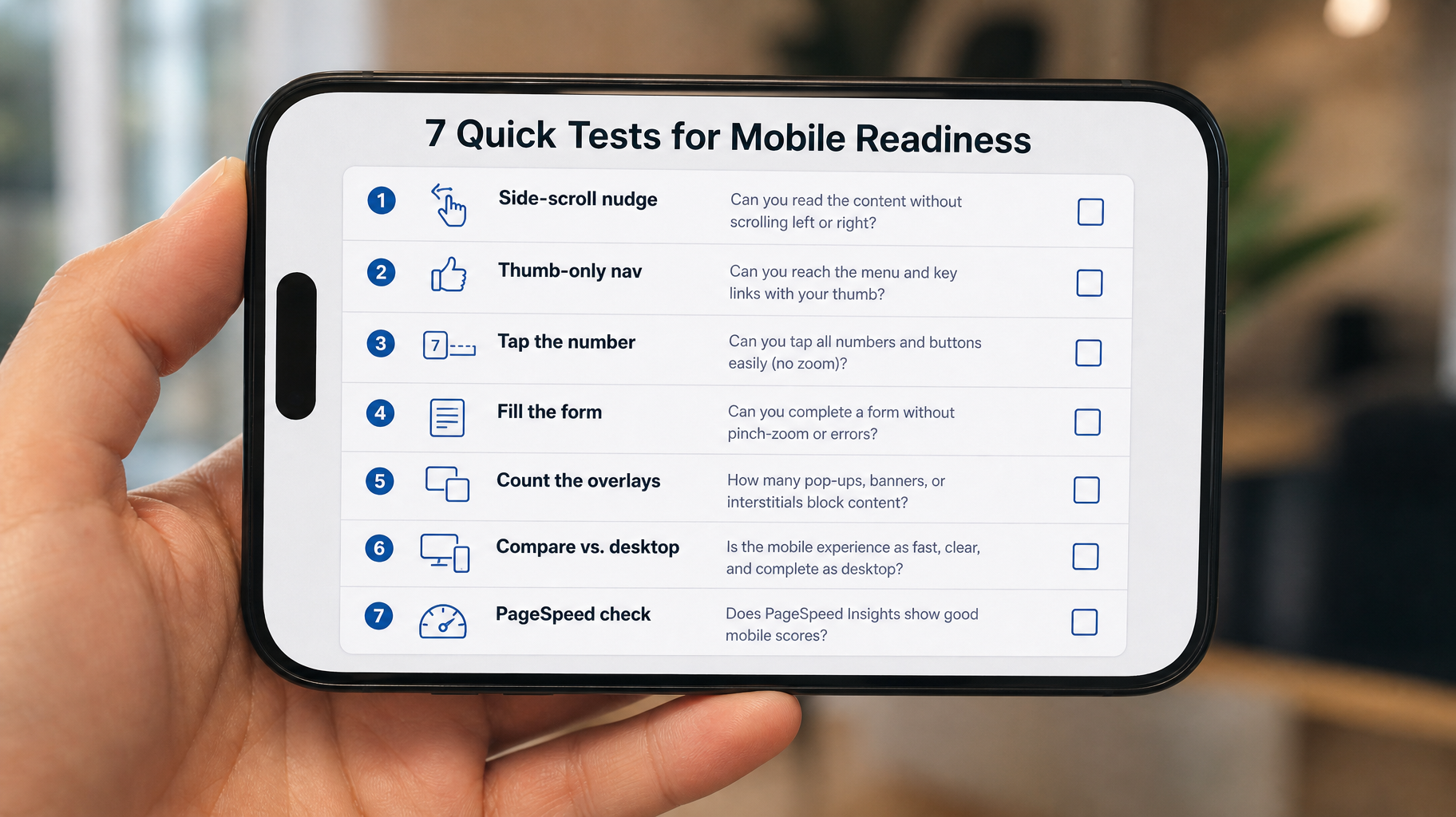 A phone-in-hand checklist card of the seven quick tests (side-scroll nudge, thumb-only nav, tap the number