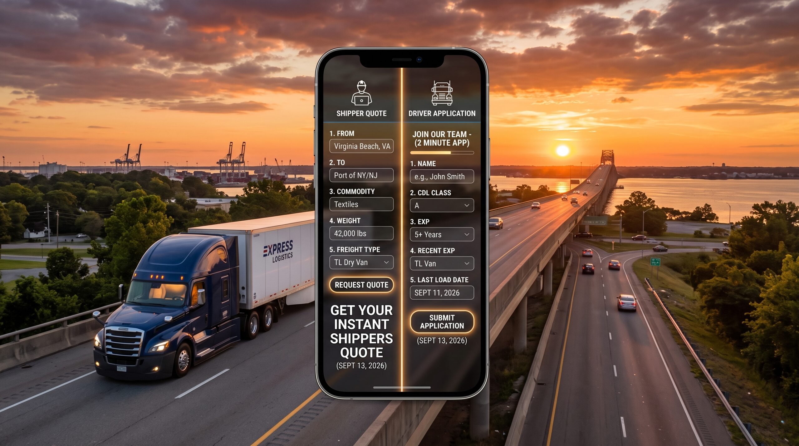 Late model tractor trailer at golden hour with a split phone overlay scaled